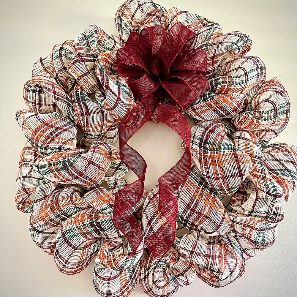 Rustic Plaid Farmhouse Wreath With Burgundy Burlap Bow Handmade Décor